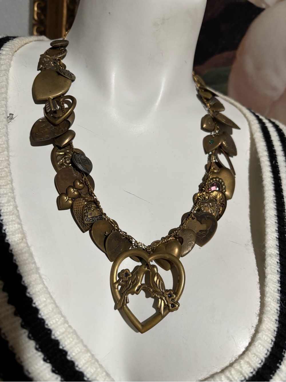 Antique Gold Heart Charm Statement Necklace